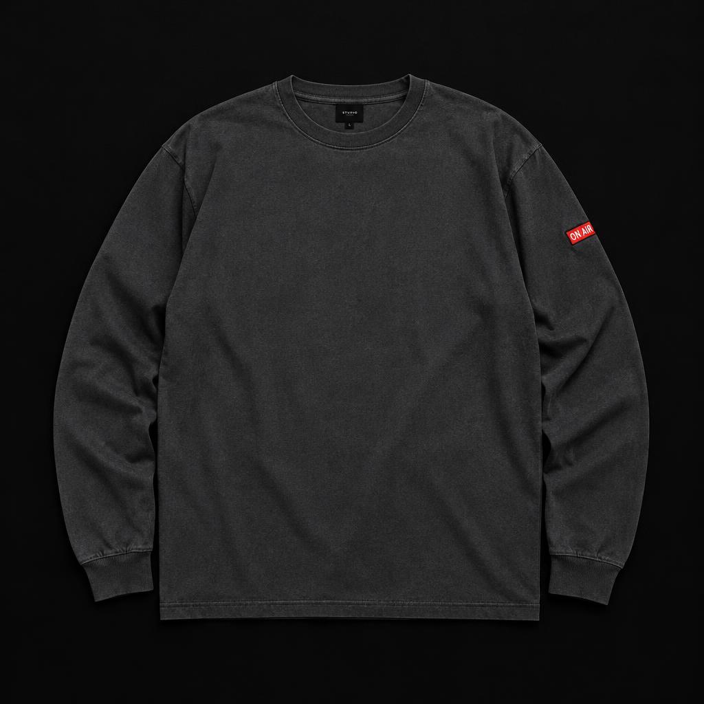 Charcoal long sleeve shirt with a red ON AIR patch